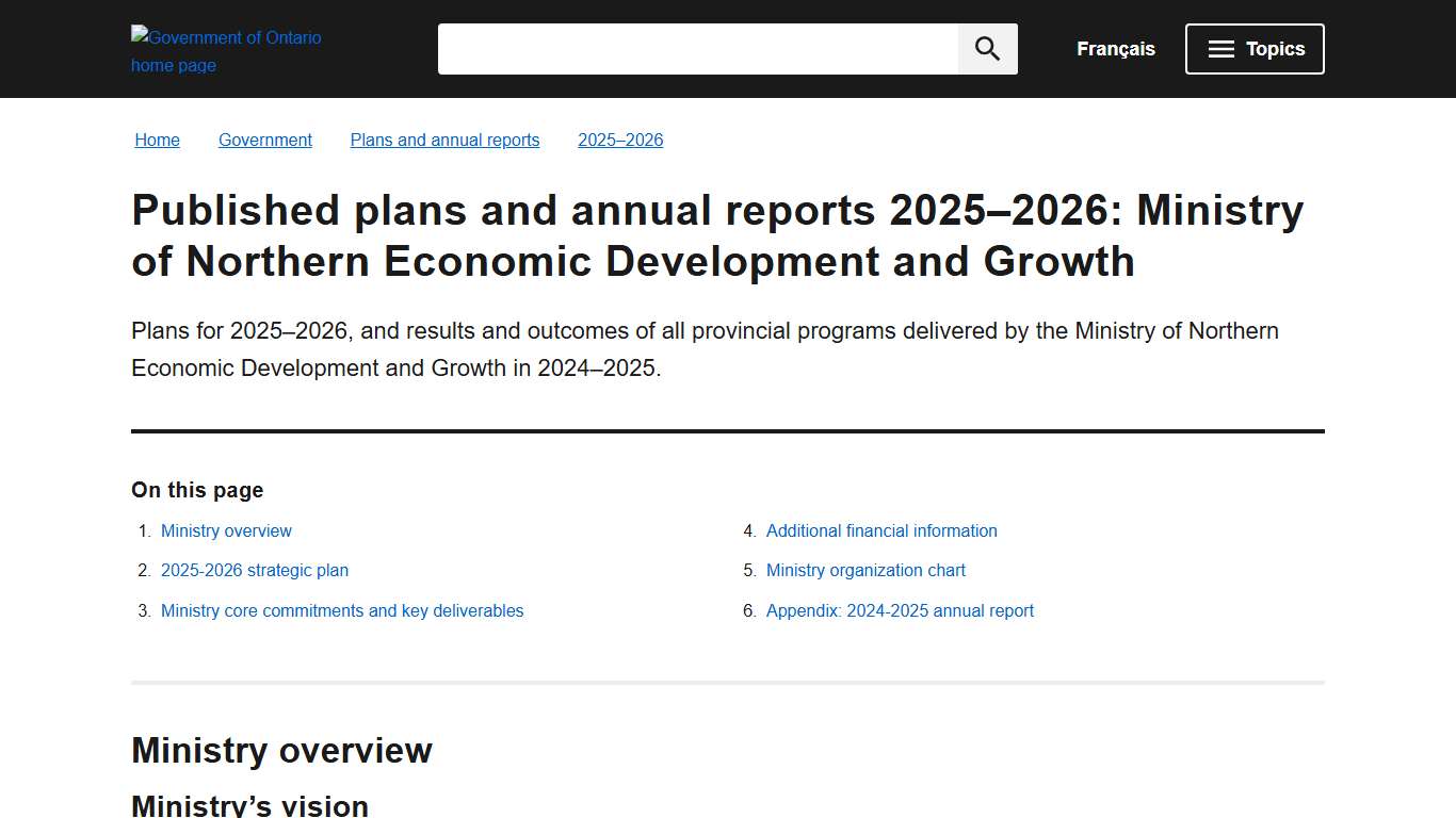 Published plans and annual reports 2025–2026: Ministry of Northern Economic Development and Growth | ontario.ca